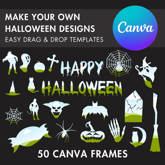 50 Fall Halloween Canva Frames Bundle, Spooky Canva Templates, Drag and Drop, Editable Canva Frames, Halloween Clipart, Creepy Frames Mockup
