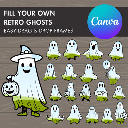 Design Your Own Retro Halloween Ghost, Ghost Canva Templates, Drag and Drop Canva Frames, Spooky Season, Halloween Clipart, Groovy Ghost