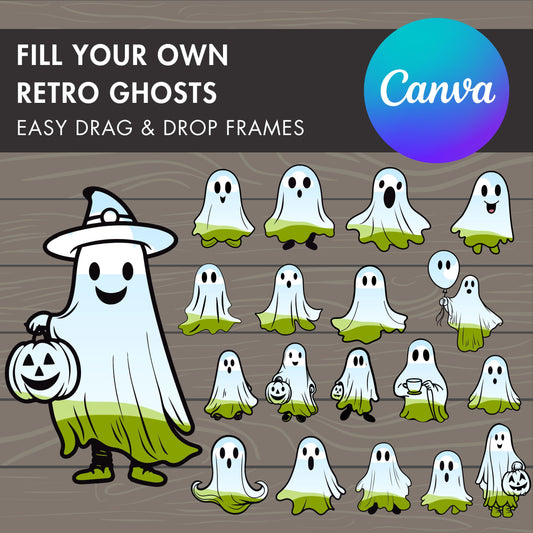 Design Your Own Retro Halloween Ghost, Ghost Canva Templates, Drag and Drop Canva Frames, Spooky Season, Halloween Clipart, Groovy Ghost