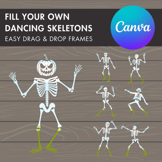 Design Your Own Skeleton Canva Frames, Dancing Skeleton Canva Templates, Drag and Drop Canva Frames, Halloween Templates, Fall Spooky Season
