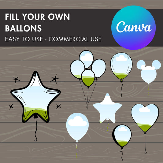 Design Your Own Ballons Canva Frames, Air Ballon Canva Templates, Easy Drag and Drop, Birthday Ballon, Ballon Silhouette, Mouse Ears Balloon