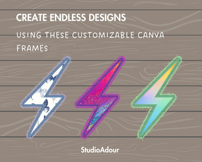 Design Your Own Faux Embroidery Lightning Canva Frames, Digital Stitch Thunder Canva Template, Drag and Drop Photo, Lightning Bolt Applique