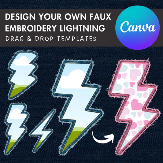 Design Your Own Faux Embroidery Lightning Canva Frames, Digital Stitch Thunder Canva Template, Drag and Drop Photo, Lightning Bolt Applique