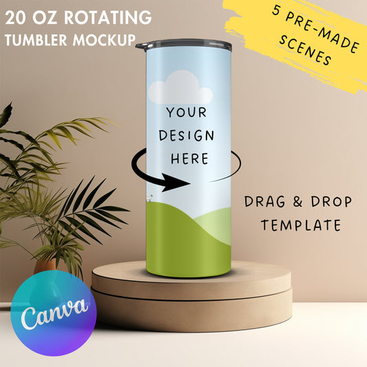 20oz Rotating Skinny Tumbler Canva Mockup, Editable Animated Skinny Tumbler Canva Template, Easy Drag and Drop Photo, Full Wrap Tumbler
