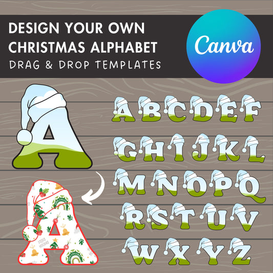 Design Your Own Christmas Alphabet, Christmas Letters Canva Template, Easy Drag and Drop, Canva Frames Bundle, Editable Santa Hat Alphabet