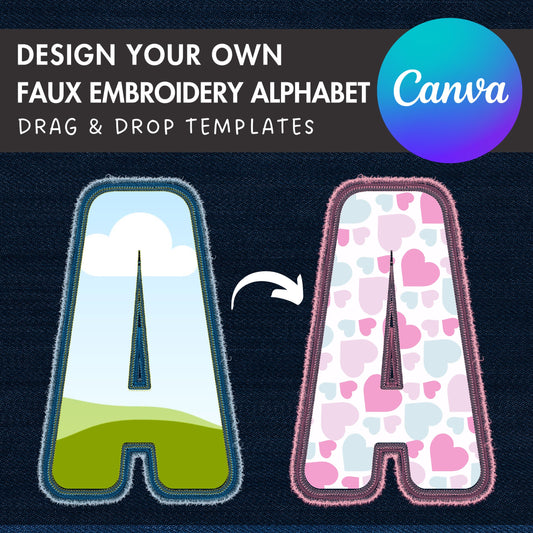 Digital Stitch Letters and Numbers, Faux Embroidery Applique Alphabet, Drag and Drop Photo, DIY Letters Canva Frame, Duotone Canva Letters