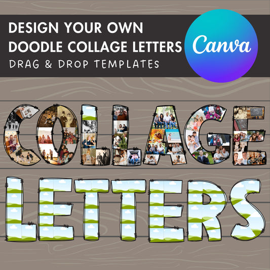 Design Your Own Photo Collage in Canva, Editable Collage Canva Template, Drag and Drop Photo, Doodle Letters Collage, Alphabet Photo Collage