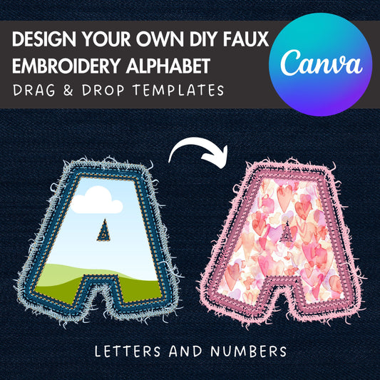 Digital Stitch Canva Alphabet, Faux Embroidery Canva Letters Template, Drag and Drop, Editable Patch Letters & Numbers, Canva Frames Bundle