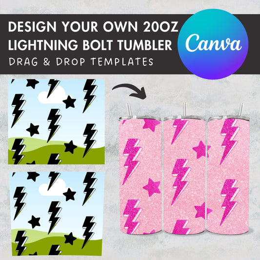 Design Your Own Lightning Bolt Tumbler Template, 20oz Skinny Tumbler Canva Template, Drag and Drop Photo, Burst Template, Tumbler Wrap