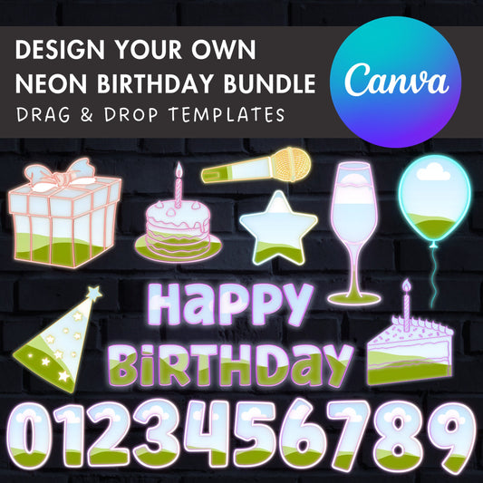 Design Your Own Neon Birthday Clipart Bundle, Happy Birthday Canva Template, Canva Frames Bundle, Easy Drag and Drop, Glowing Party Elements