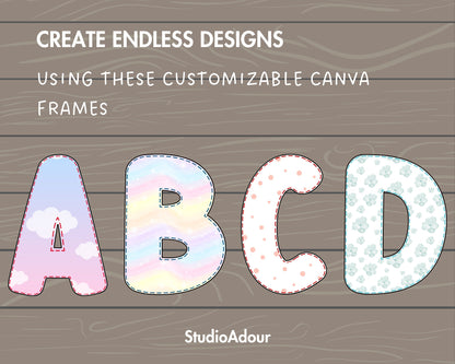 Design Your Own Digital Stitch Alphabet on Canva, Uppercase Doodle Letters, Editable Letters Template, Drag and Drop, Canva Frames Bundle