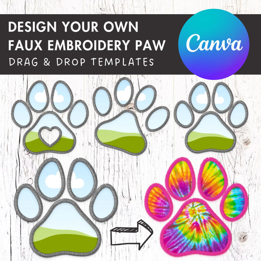 Design Your Own Faux Embroidery Paw, Digital Stitch Paw, Dog Paw Applique, Canva Frames Bundle, Pet Paw Patch Duotone, Drag and Drop PNG
