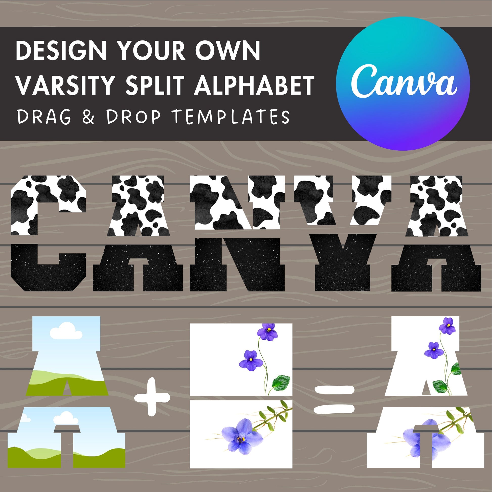 Varsity Split Alphabet Canva, Split Letters and Numbers, Drag and Drop, Canva Frames Bundle, DIY Letters Frames Canva, Canva Split Letters