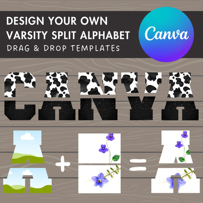 Varsity Split Alphabet Canva, Split Letters and Numbers, Drag and Drop, Canva Frames Bundle, DIY Letters Frames Canva, Canva Split Letters