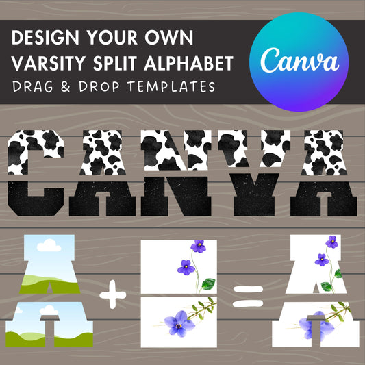 Varsity Split Alphabet Canva, Split Letters and Numbers, Drag and Drop, Canva Frames Bundle, DIY Letters Frames Canva, Canva Split Letters