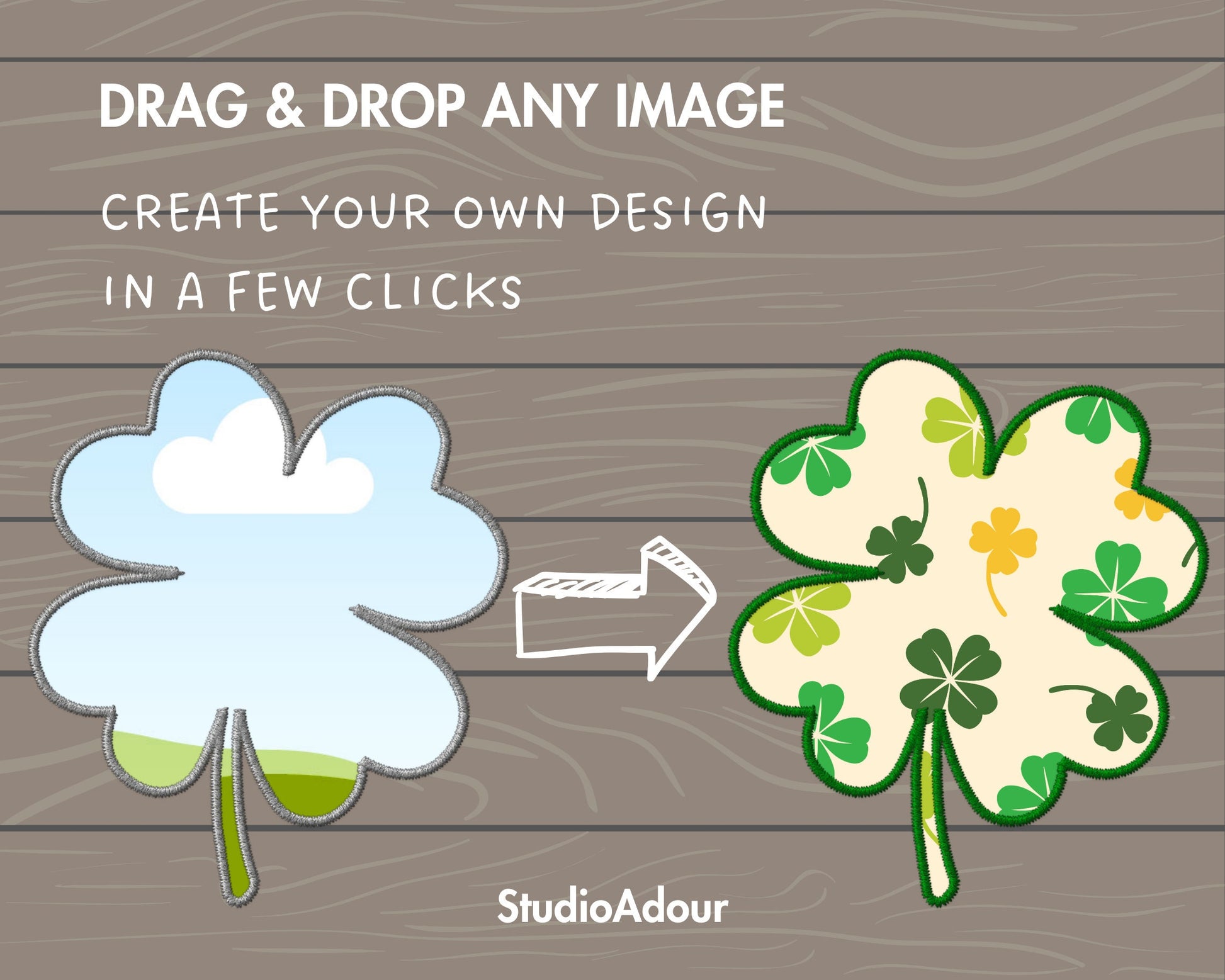 Design Your Own Faux Embroidery Clover, Digital Stitch Lucky Clover Canva Template, Clover Applique, Clover Patch Duotone, Drag and Drop PNG