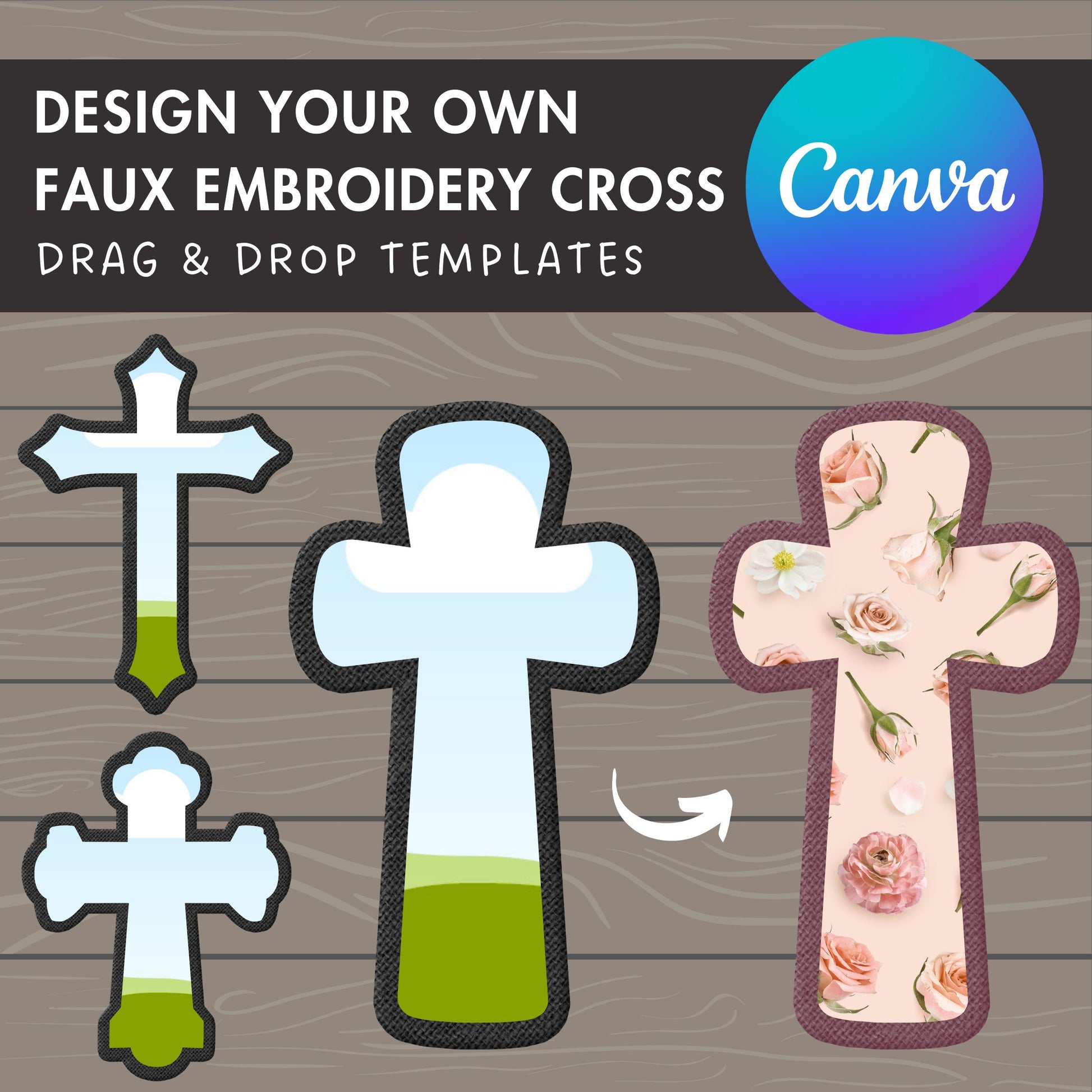 Design Your Own Faux Embroidery Cross on Canva, Religious Cross Canva Template, Easy Drag and Drop, Digital Stitch Applique Cross, Faith