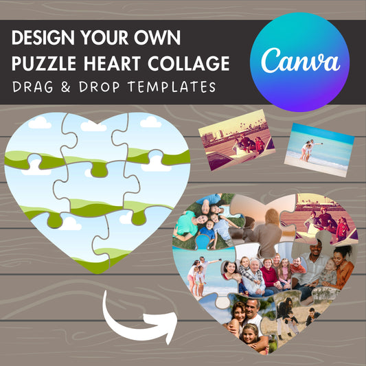 Design Your Own Puzzle Heart Photo Collage in Canva, DIY Photo Collage, Drag and Drop Photo, Editable Canva Collage Template, Heart Collage