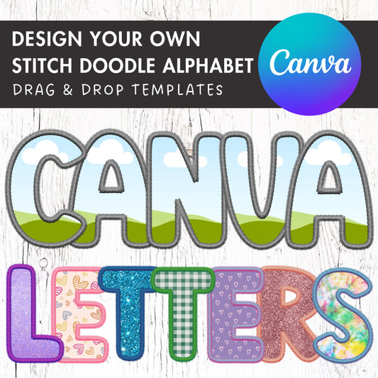 Digital Stitch Canva Alphabet PNG, Doodle Faux Embroidery Applique Letters, Canva Frames Bundle, Drag and Drop, DIY Canva Alphabet, Duotone