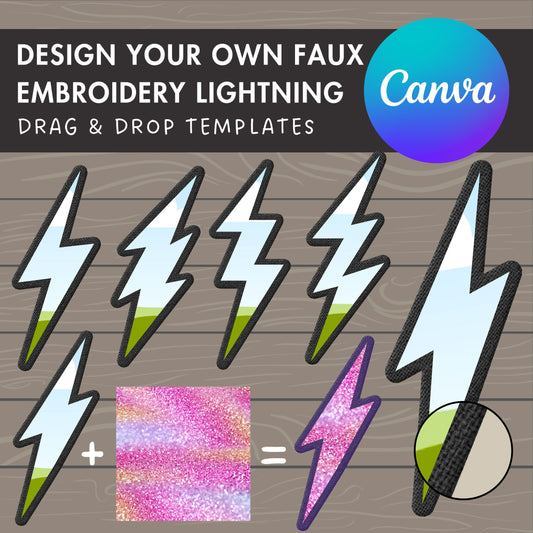 Design Your Own Faux Embroidery Lightning Bolt on Canva, Thunder Canva Template, Easy Drag and Drop, Editable Lightning, Canva Frames Bundle