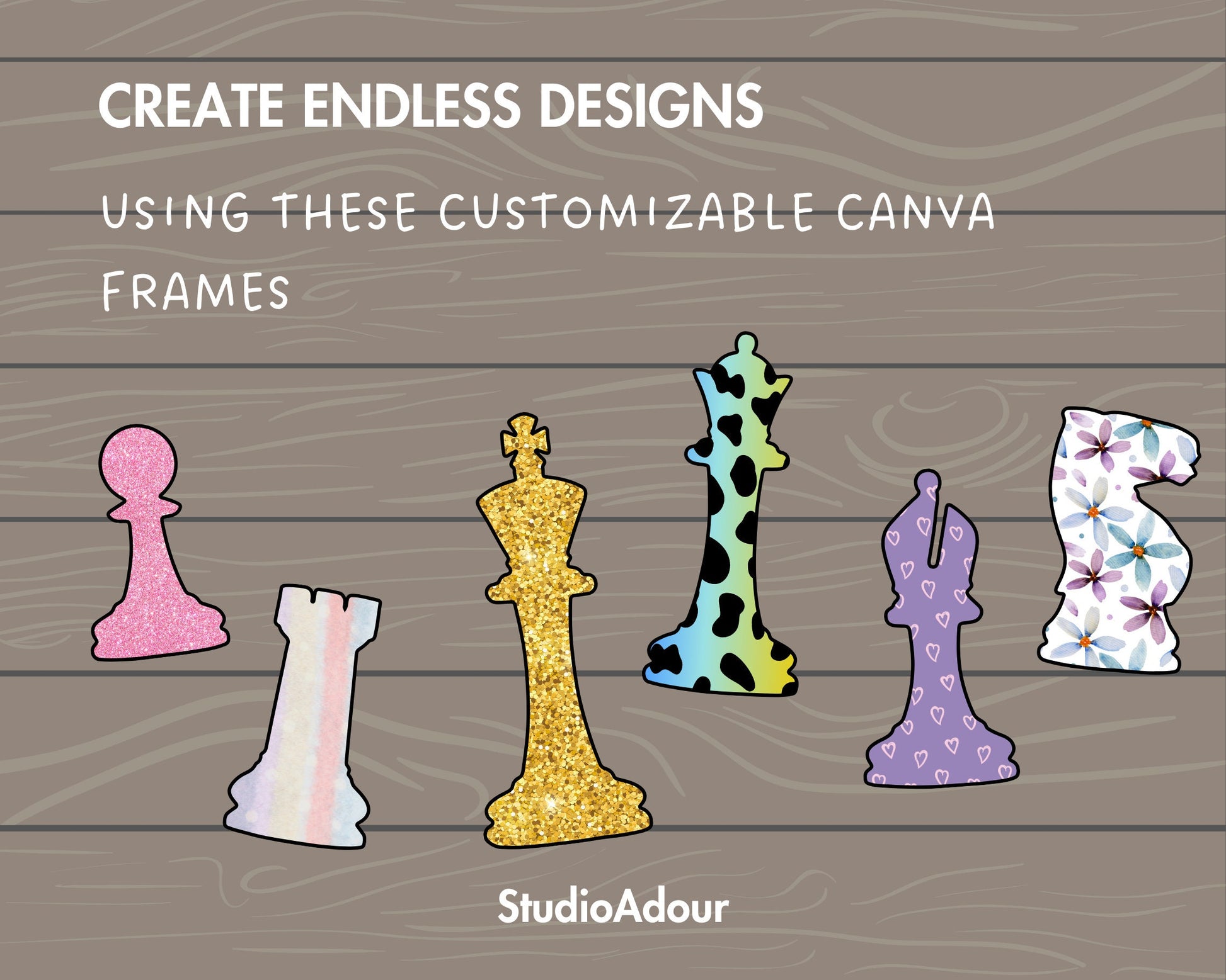 Design Your Own Chess Pieces Canva Frames, Chess Figures Canva Template, Drag and Drop Photo, Chess King and Queen, Sublimation Design
