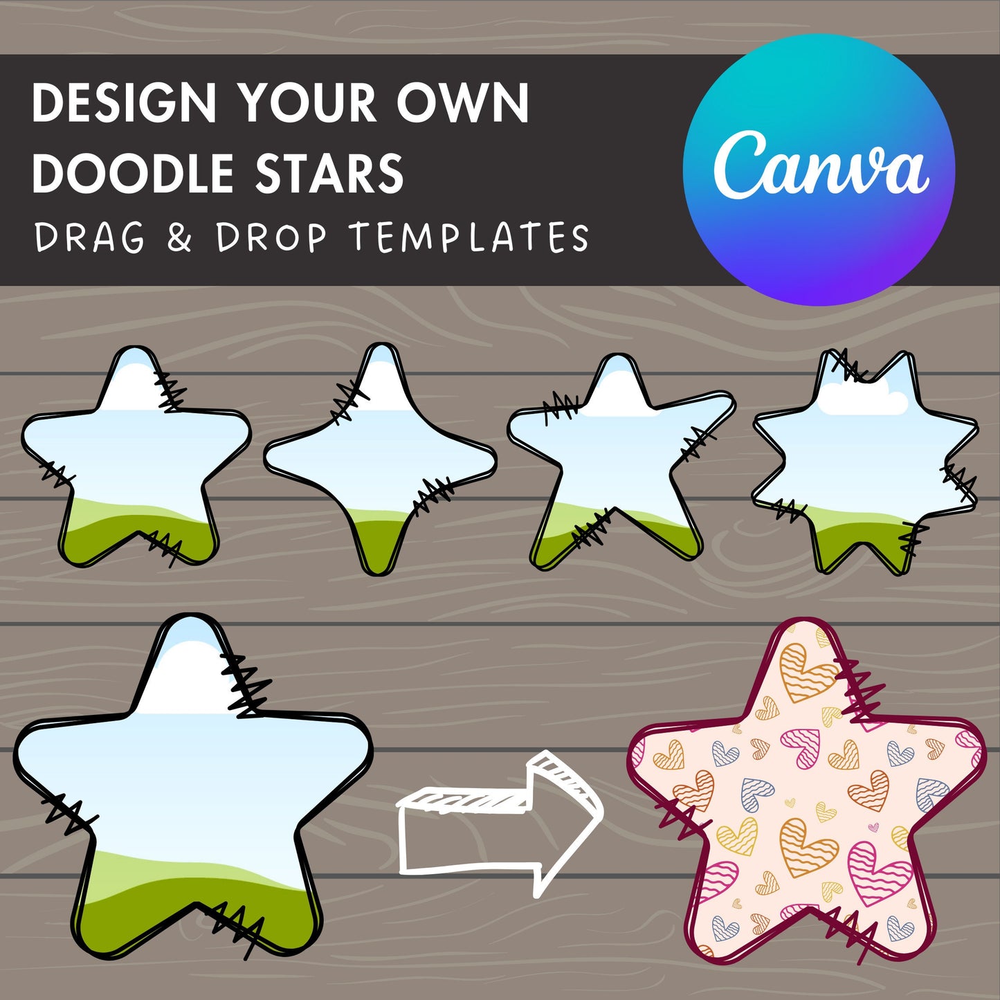 Design Your Own Doodle Starts on Canva, Star Canva Template, Drag and Drop, Editable Canva Frames, Stars Bundle, Night Star, Christmas Star