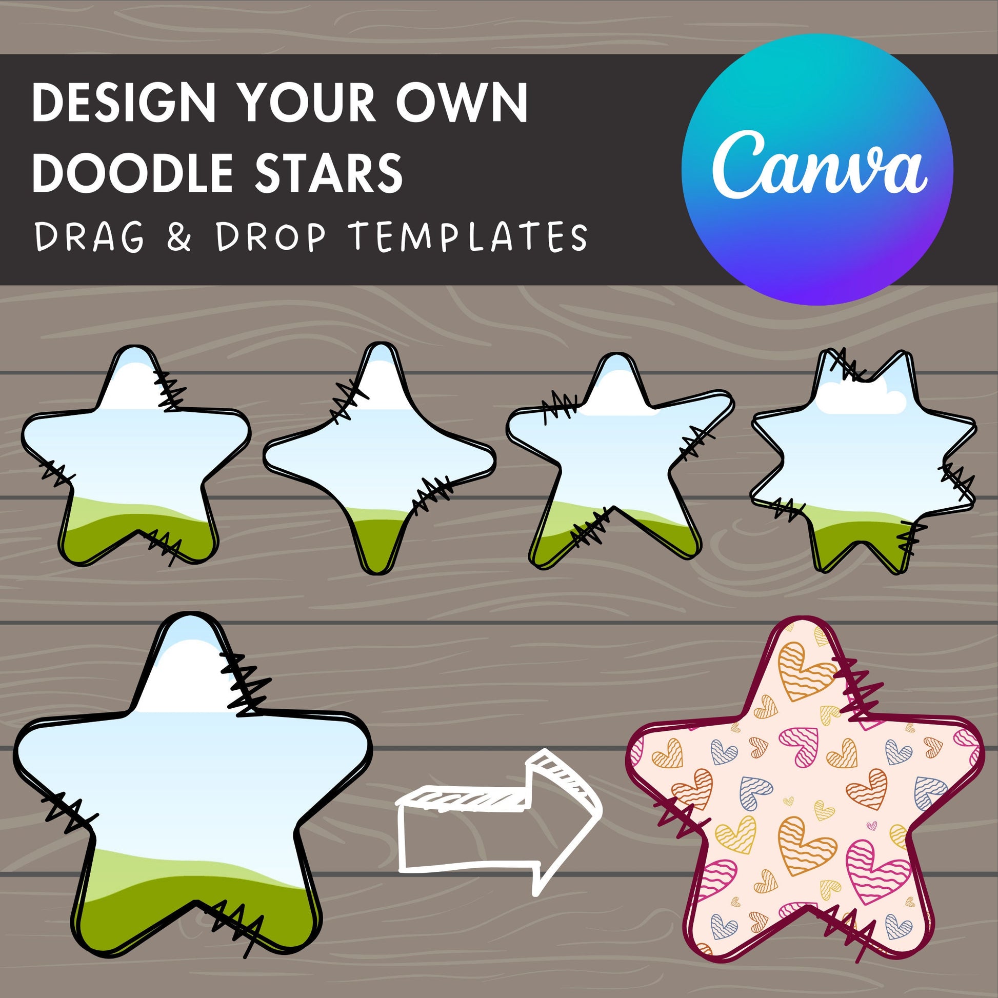 Design Your Own Doodle Starts on Canva, Star Canva Template, Drag and Drop, Editable Canva Frames, Stars Bundle, Night Star, Christmas Star