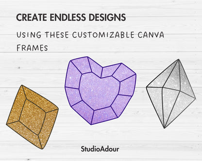 Design Your Own Gemstones Canva Frames, Diamond Canva Template, Canva Frames Bundle, Gems Clipart, Precious Stone, Sublimation Design
