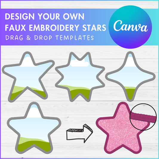 Design Your Own Faux Embroidery Stars, Digital Stitch Stars, Stars Applique, Canva Frames Bundle, Celestial Patch Duotone, Drag and Drop PNG