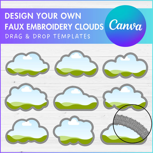 Design Your Own Faux Embroidery Clouds, Digital Stitch Paw, Fluffy Clouds Applique, Canva Frames, Cartoon Clouds Patch, Drag and Drop PNG