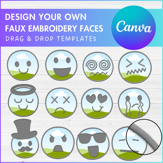 Design Your Own Faux Embroidery Faces, Digital Stitch Emotion Faces, Funny Faces Applique, Canva Frames, Faces Patch, Drag and Drop PNG