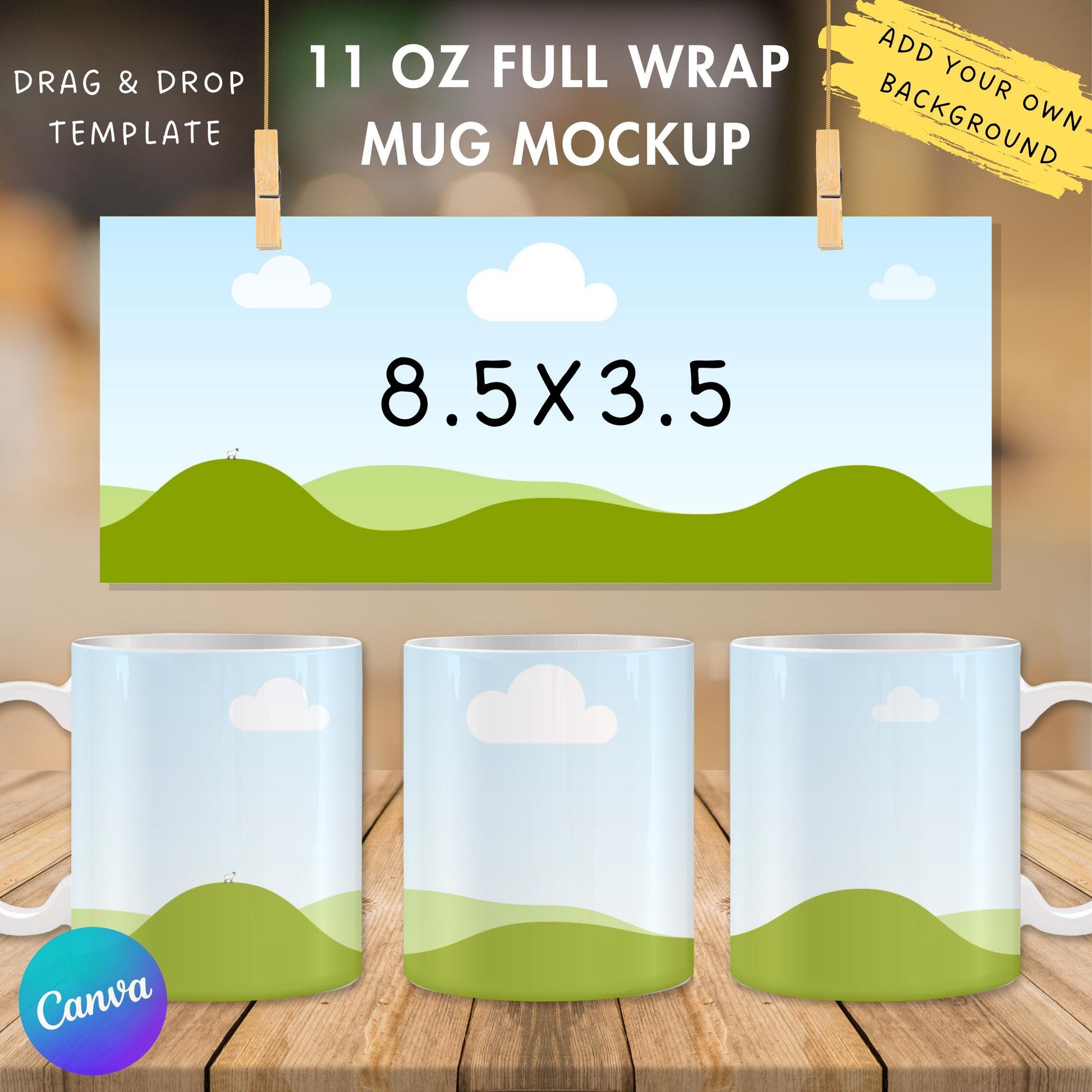 11 Oz Mug Canva Mockup, Full Wrap Mug Canva Frame, Drag and Drop, Editable 11oz Coffee Mug Mockup, Mug Canva Template, Sublimation Designs