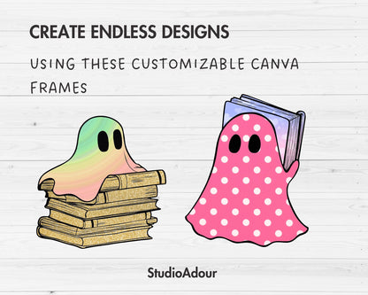 Design Your Own Retro Ghost, Ghost Reading Book Canva Template, Drag and Drop, Spooky Season, Halloween Canva Frames, Book Lover Ghost