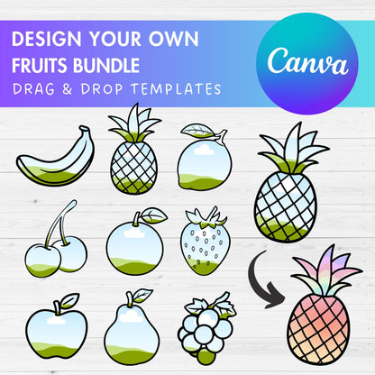 Design Your Own Fruits Canva Frames, Tropical Fruit Canva Templates, Drag and Drop, Editable Canva Frames Bundle, Pineapple Lemon Apple Pear