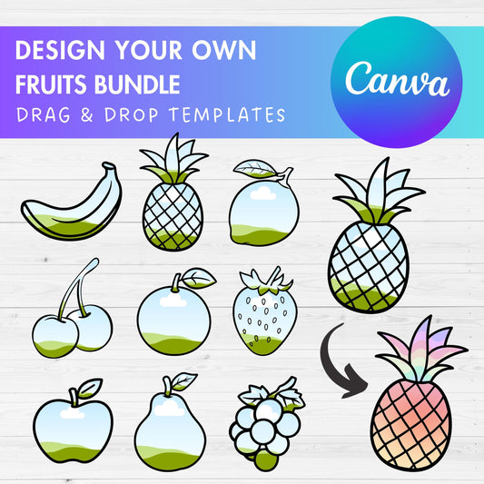 Design Your Own Fruits Canva Frames, Tropical Fruit Canva Templates, Drag and Drop, Editable Canva Frames Bundle, Pineapple Lemon Apple Pear