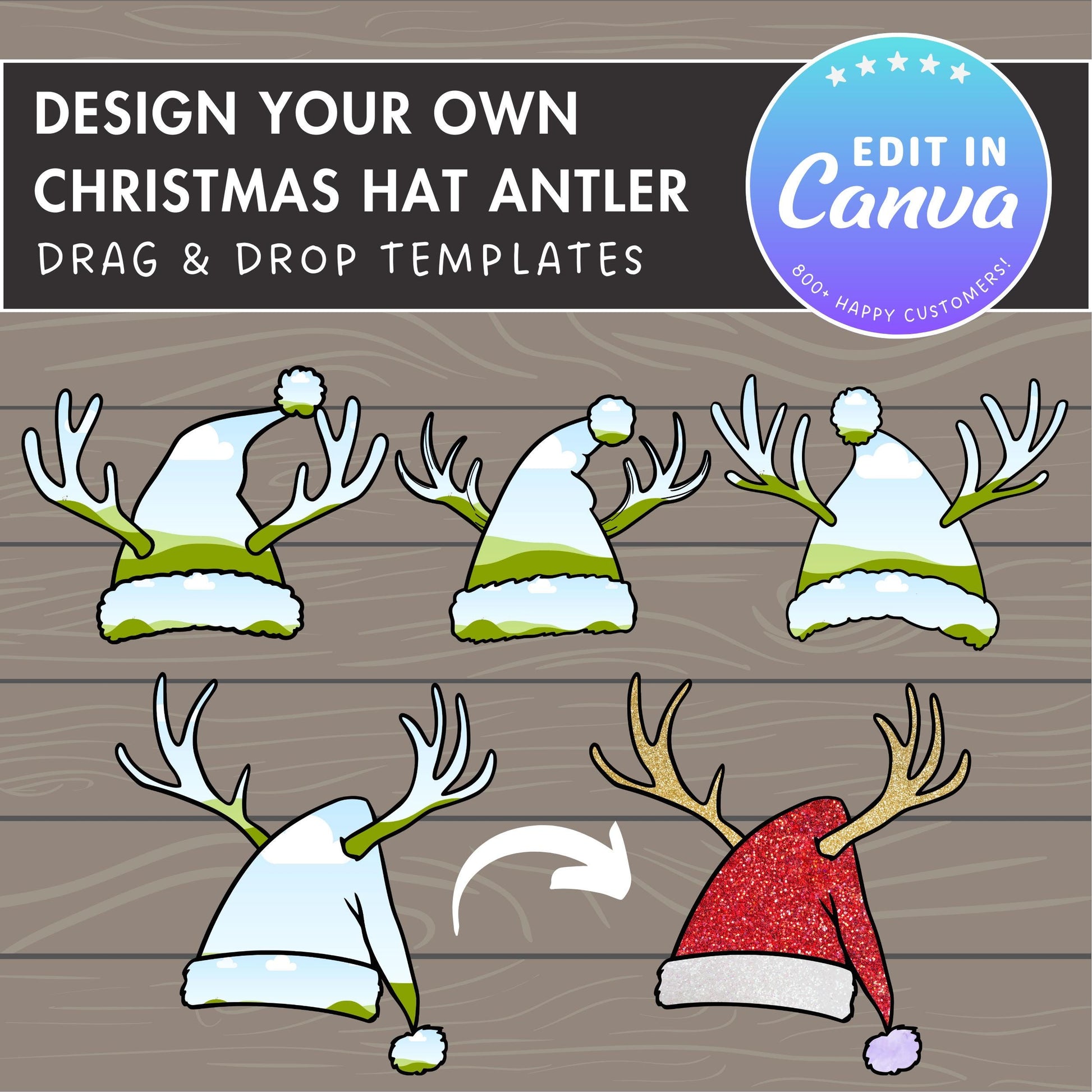 Design Your Own Christmas Hat with Antler Canva Frames, Santa Hat Canva Template, Drag and Drop Photo, Editable Xmas Hats, Reindeer Antlers