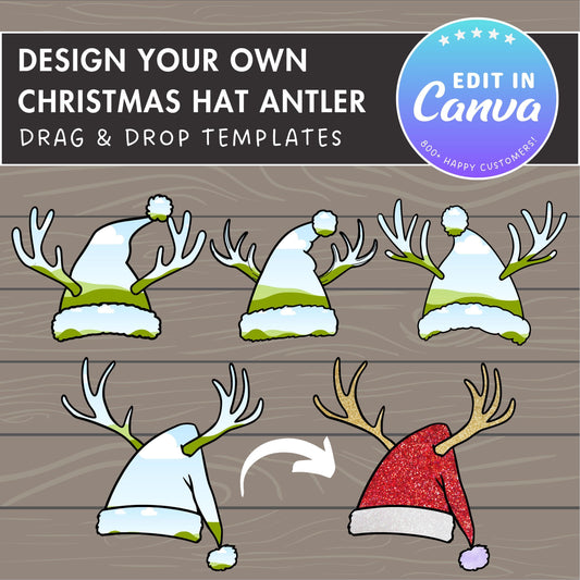 Design Your Own Christmas Hat with Antler Canva Frames, Santa Hat Canva Template, Drag and Drop Photo, Editable Xmas Hats, Reindeer Antlers
