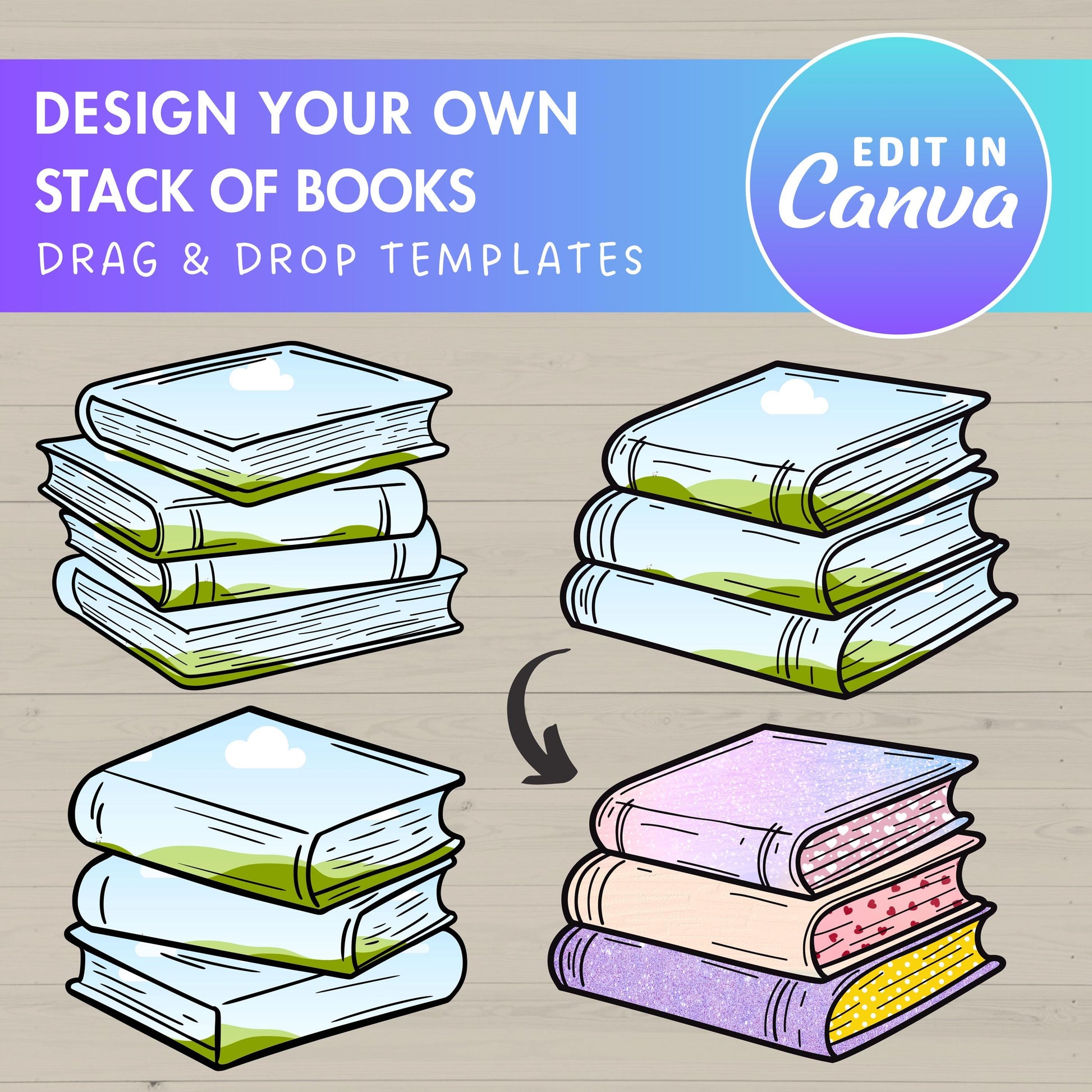 Design Your Own Stack Books on Canva, Book Stack Template, Drag and Drop Canva Frames, Reading Books Editable Books, Sublimation Design