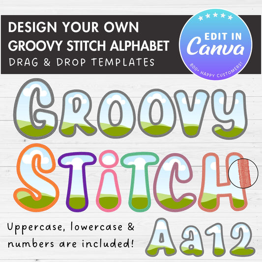 Design Your Own Faux Embroidery Grovy Letters, Faux Embroidery Retro Groovy Letters, Stitch Alphabet Canva Template, Drag and Drop PNG #86