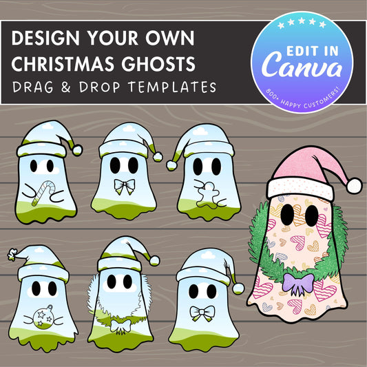 Design Your Own Christmas Ghosts, Ghost Wearing Christmas Hat Book Canva, Drag and Drop, Ghost With Bow, Canva Frames Bundle, Sublimation