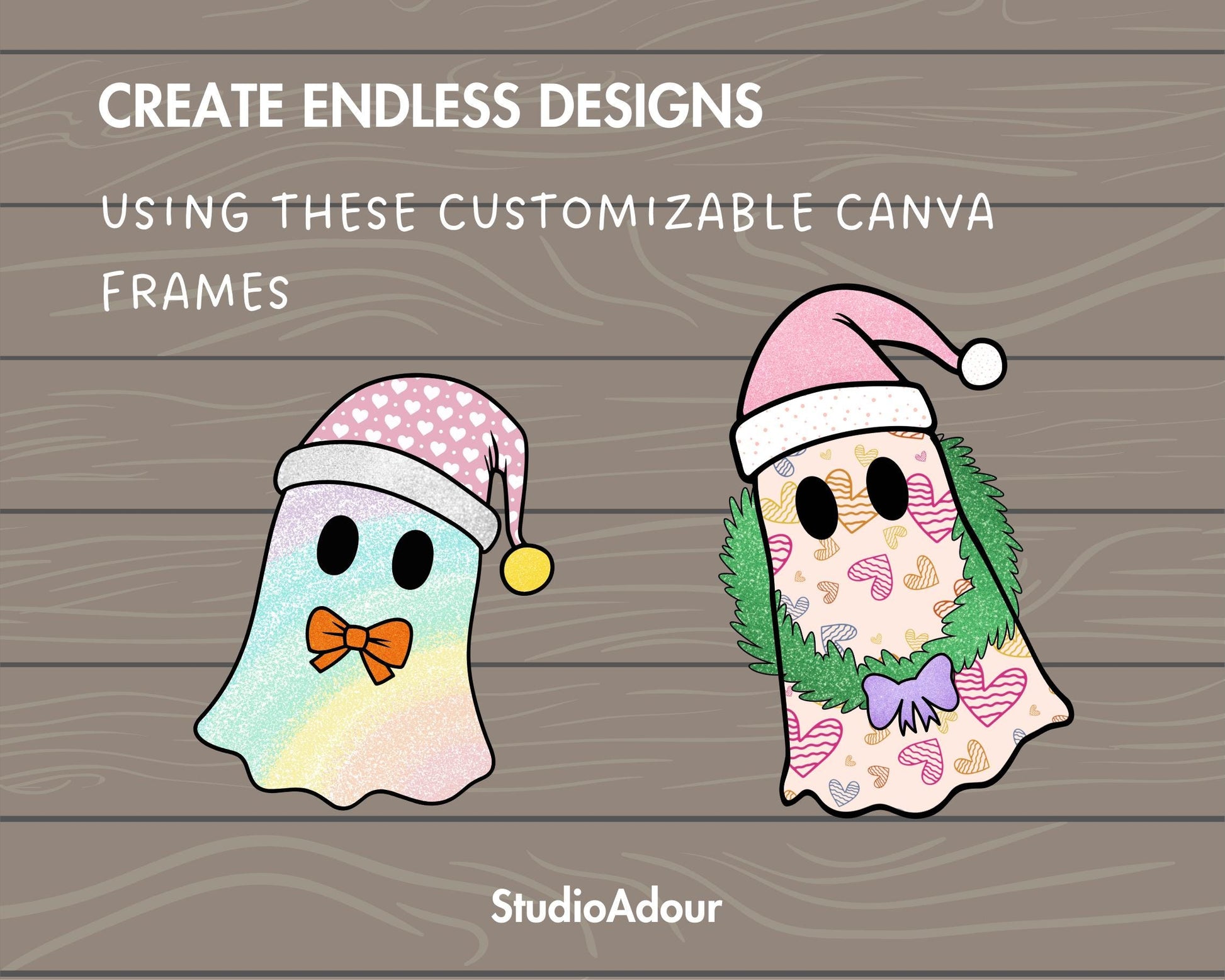 Design Your Own Christmas Ghosts, Ghost Wearing Christmas Hat Book Canva, Drag and Drop, Ghost With Bow, Canva Frames Bundle, Sublimation