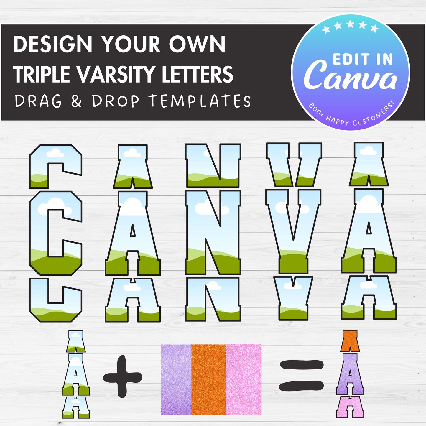 Triple Varsity Letters and Numbers, Stacked Varsity Canva Alphabet, Sport College Canva Letters, Drag and Drop, Split Letters, Canva Frames