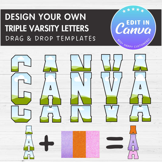 Triple Varsity Letters and Numbers, Stacked Varsity Canva Alphabet, Sport College Canva Letters, Drag and Drop, Split Letters, Canva Frames