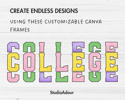Triple Varsity Letters and Numbers, Stacked Varsity Canva Alphabet, Sport College Canva Letters, Drag and Drop, Split Letters, Canva Frames