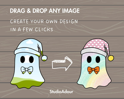 Design Your Own Christmas Ghosts, Ghost Wearing Christmas Hat Book Canva, Drag and Drop, Ghost With Bow, Canva Frames Bundle, Sublimation