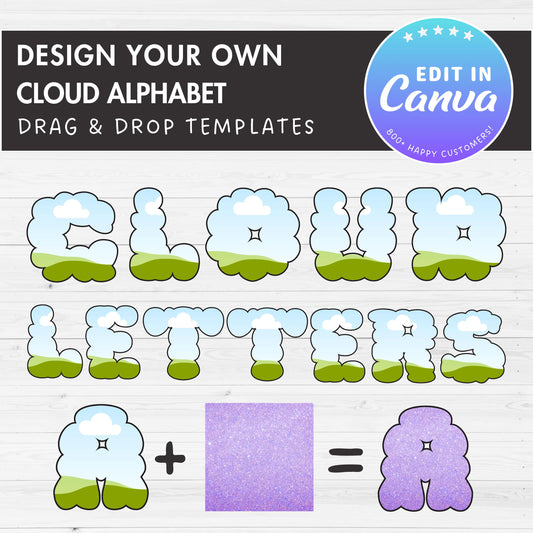 Cloud Canva Letters, Alphabet Canva Template, Drag and Drop, Editable Canva Letters & Numbers, Canva Frames Bundle, DIY Blank Letters #96