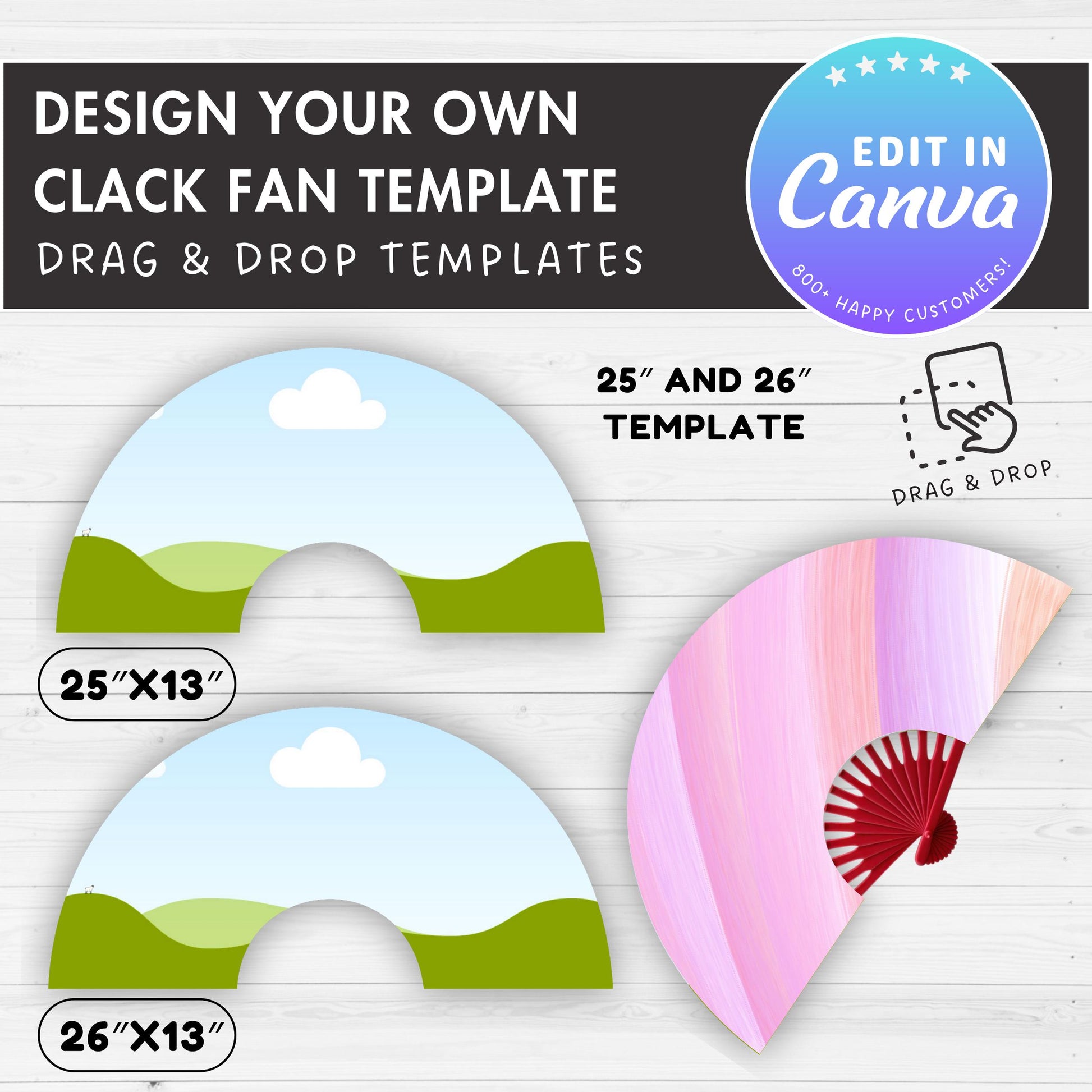 Clack Fan Editable Canva Template, Easy Drag and Drop, 26" & 25" Hand Fan Sublimation Template, Chinese Fan Template, Canva Frames Bundle