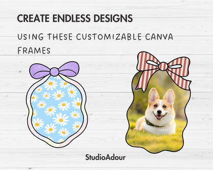 Coquette Bow Frames, Editable Canva Template, Easy Drag and Drop, Sublimation Design, Canva Frames Bundle, Ribbon Bow Border, Wavy Borders