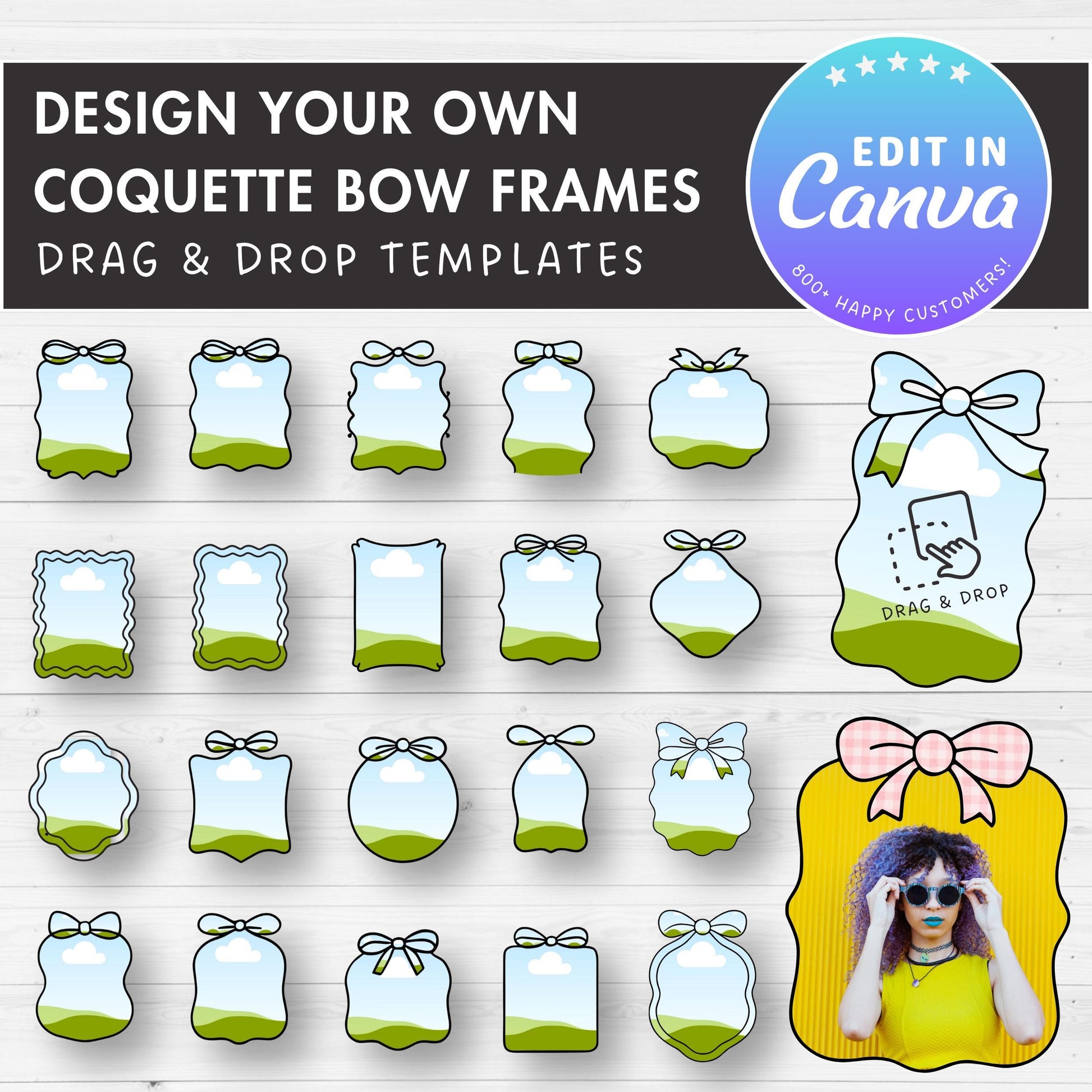 Coquette Bow Frames, Editable Canva Template, Easy Drag and Drop, Sublimation Design, Canva Frames Bundle, Ribbon Bow Border, Wavy Borders