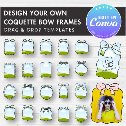 Coquette Bow Frames, Editable Canva Template, Easy Drag and Drop, Sublimation Design, Canva Frames Bundle, Ribbon Bow Border, Wavy Borders